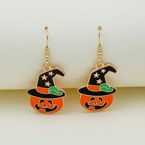 Gold Halloween witch hat pumpkin earrings jewelry